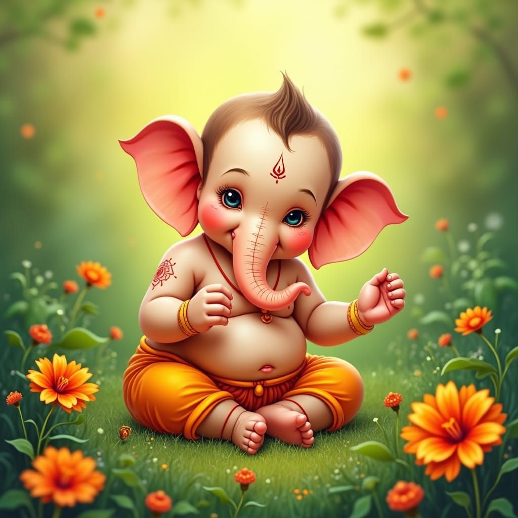 Baby Ganesh in Meadow, Indian Folk Art Style