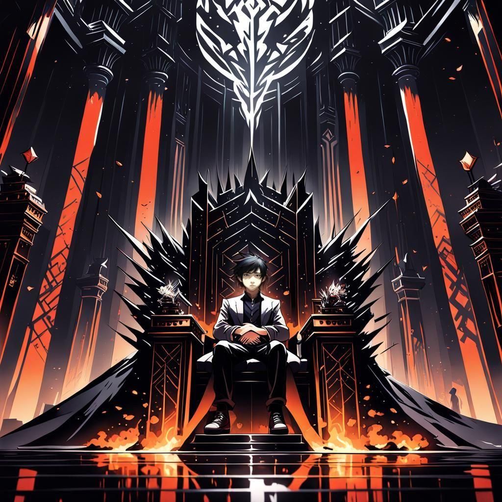 Regal Youth Reigns on Obsidian Throne in Dark Fantasy Scene
