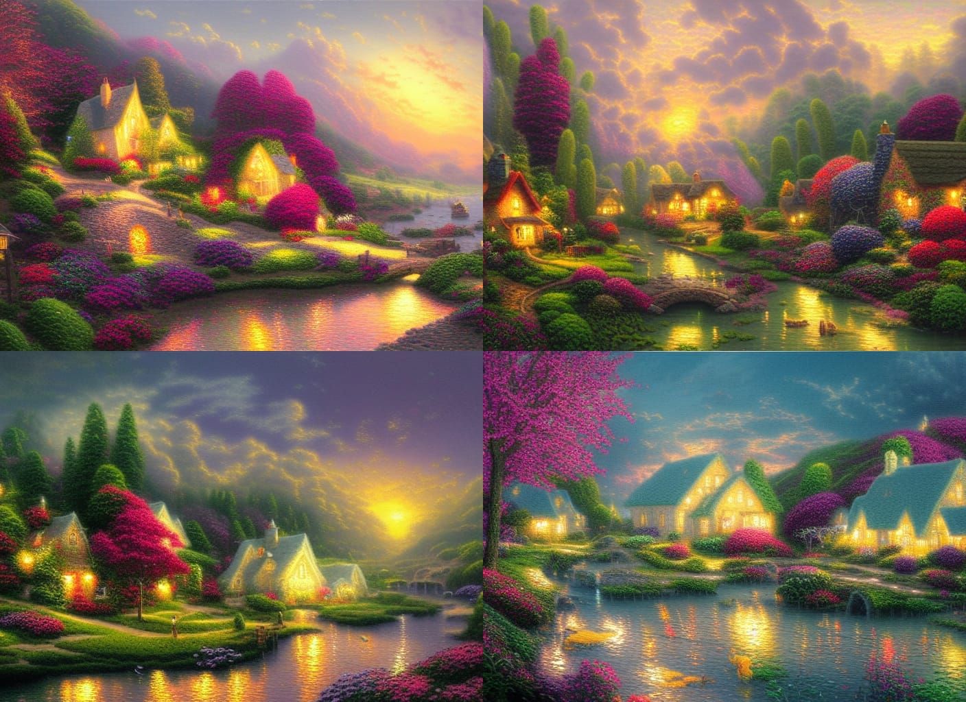 Fruit Houses in Twilight Seascape: Gouache Fantasy Painting