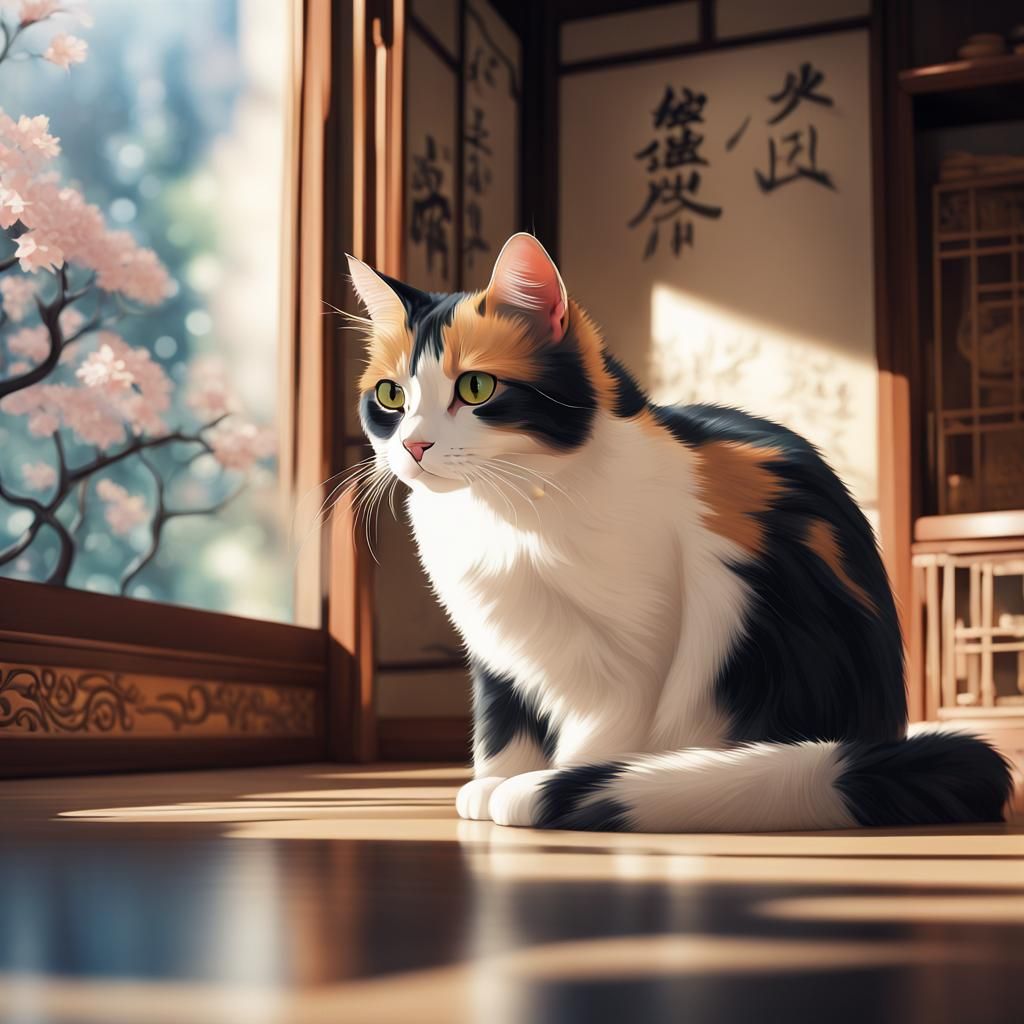 beautiful and elegant tricolour cat, Japanese art, intelligent eyes, forward facing, professional fine art photography n...