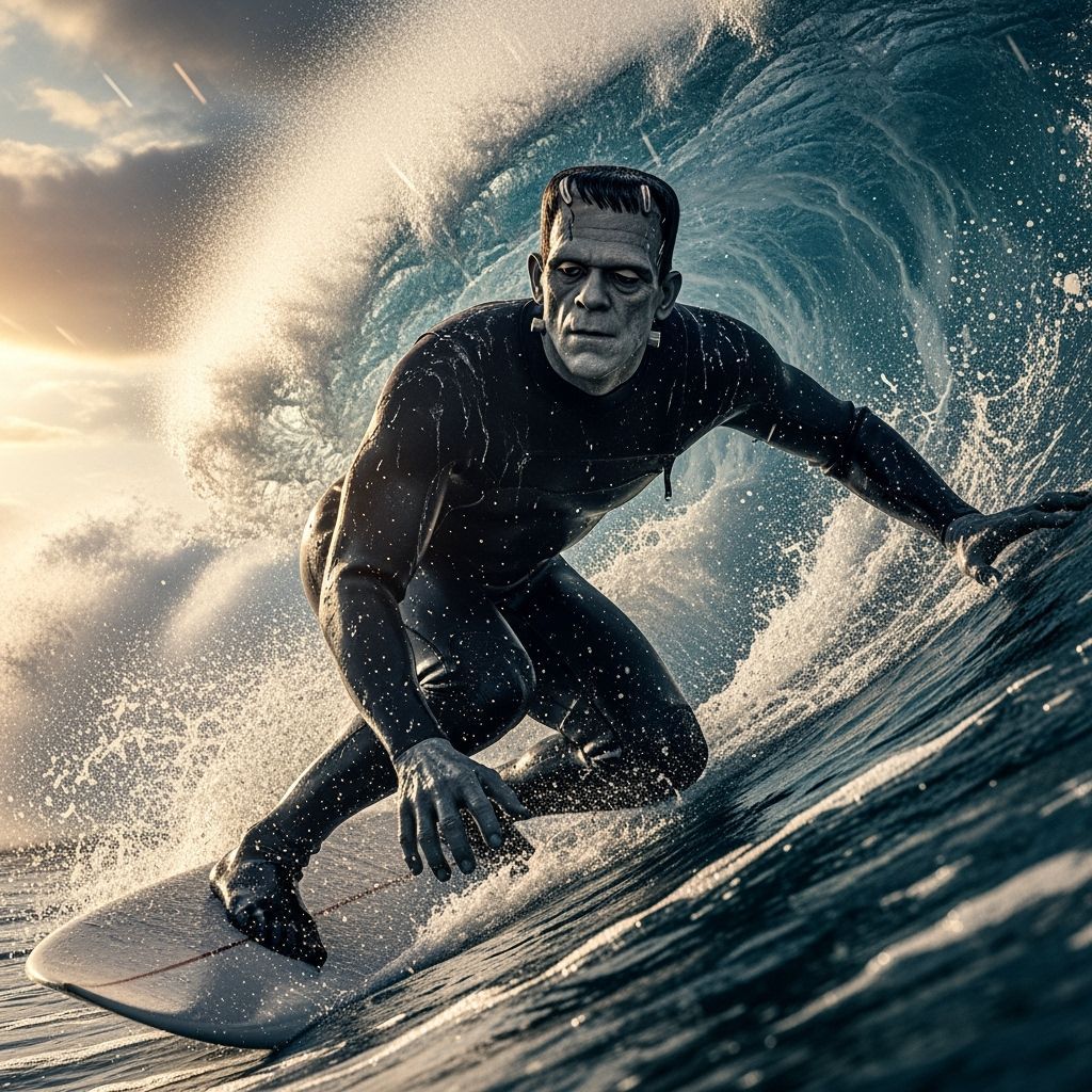 Frankenstein Surfing a Monster Wave in Cinematic Realism
