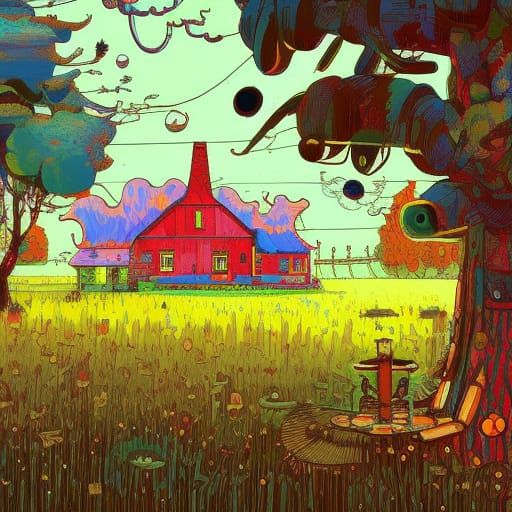 Village Farmhouse in Retro Art Style