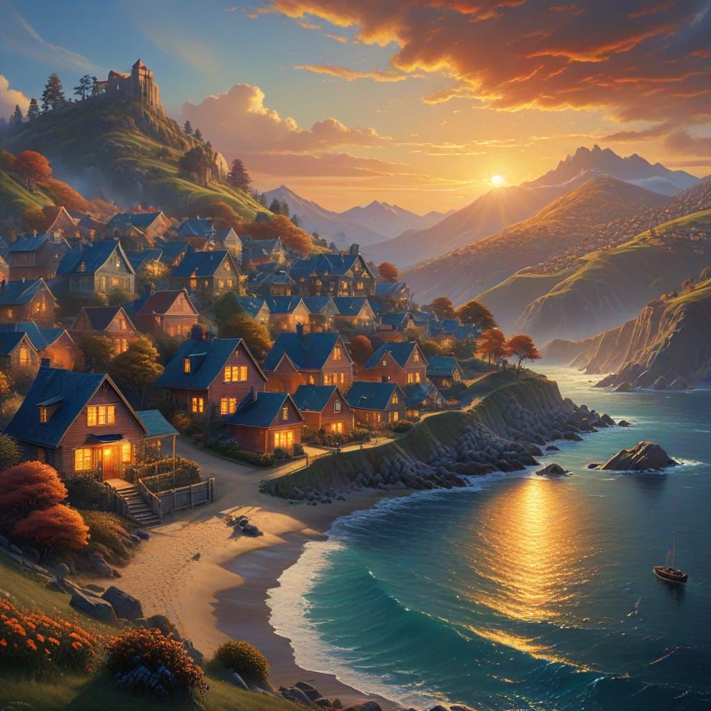Coastal Town Sunrise Digital Painting