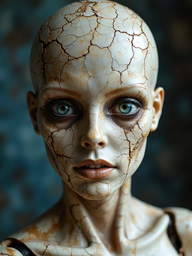 Uncanny Mannequin with Cracked Skin and Blue Eyes