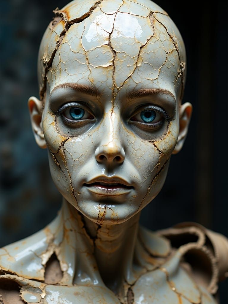 Cracked Mannequin with Piercing Blue Eyes