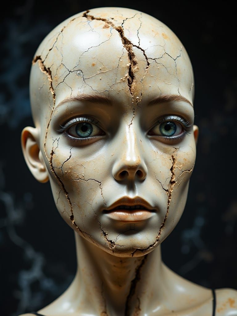 Uncanny Mannequin with Cracked Skin and Soulful Eyes