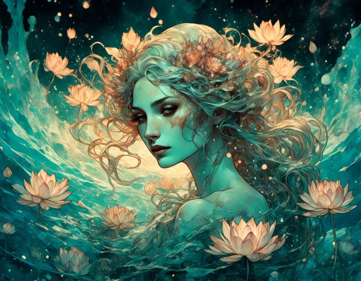 Decaying Siren Behind Holographic Lotus in Comic Style