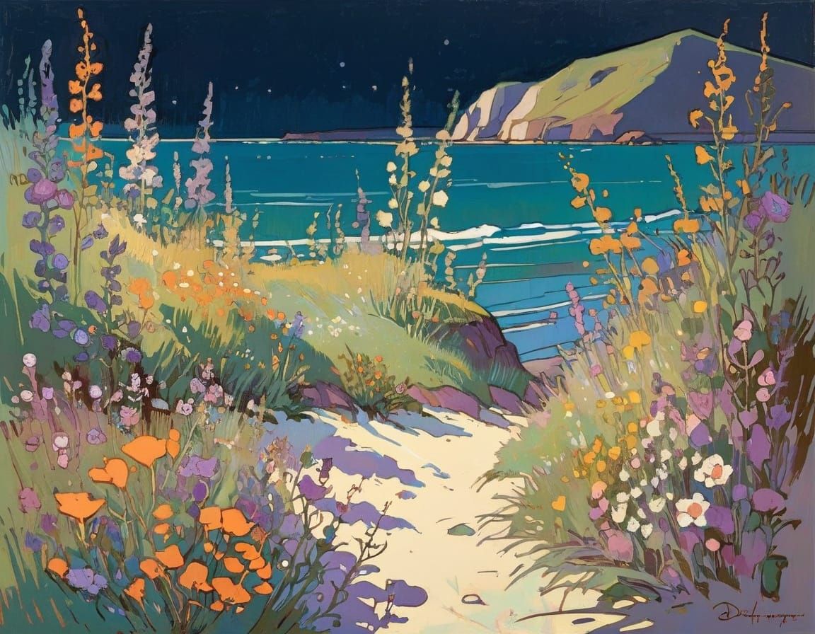 Vibrant Coastal Blooms in Impressionist Style