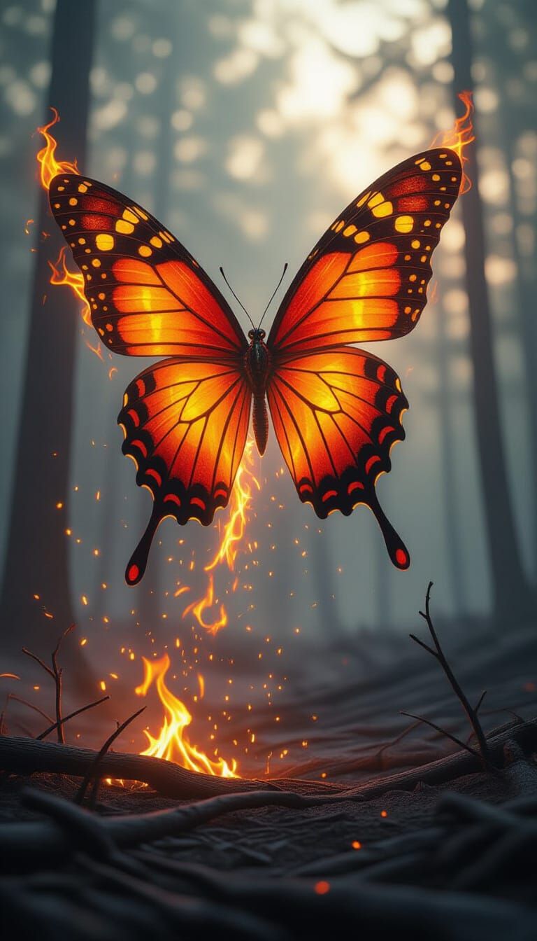 Fiery Butterfly Over Scorched Forest