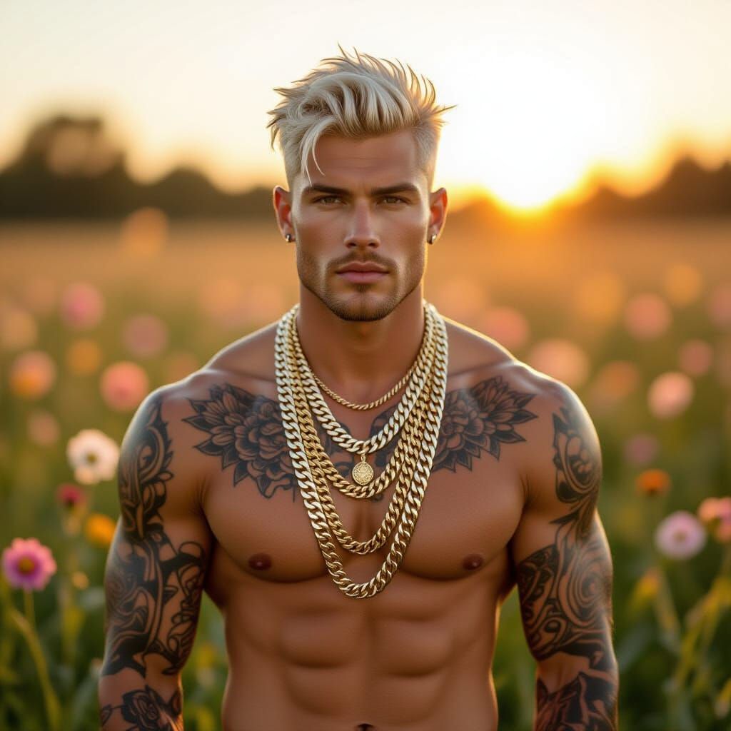 Platinum Adonis in Pastel Meadow: Fashion Photography