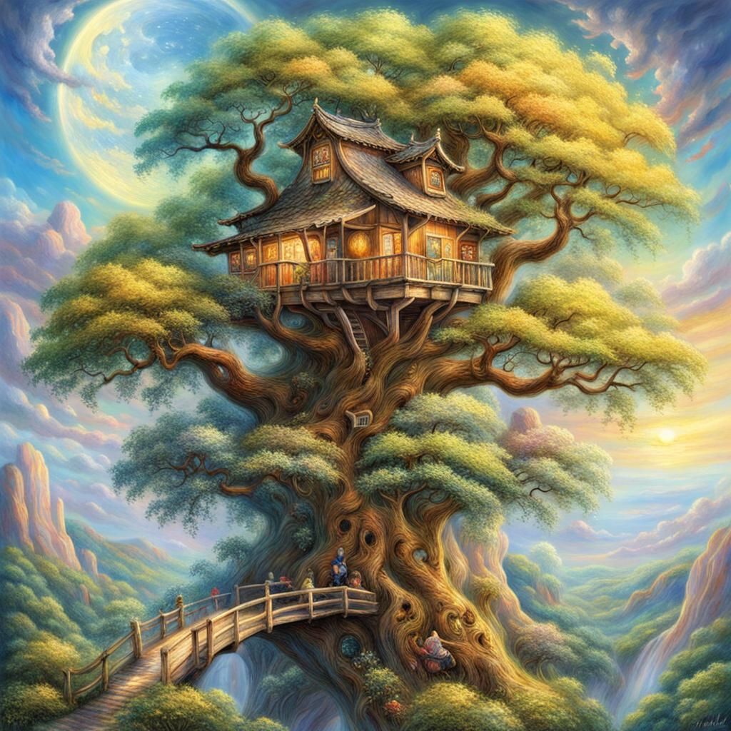 Japanese Treehouse in Dreamy Fantasy Style