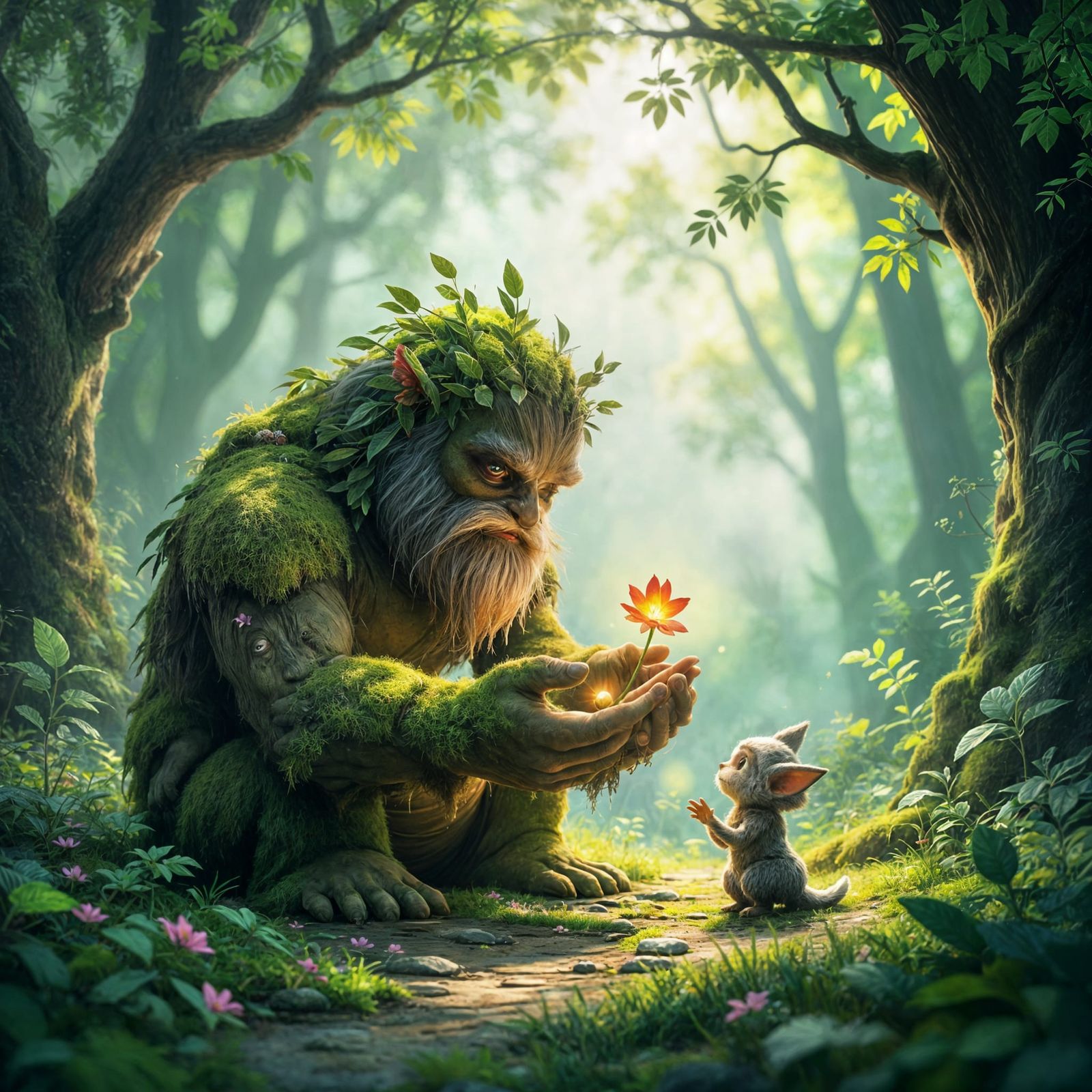 Gentle Moss Golem Offers Glowing Flower to Forest Creature