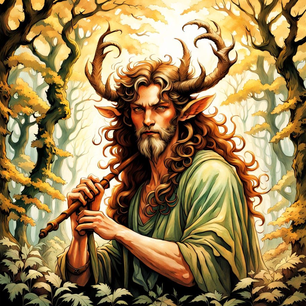Whimsical Forest Faun Plays Flute in Golden Light