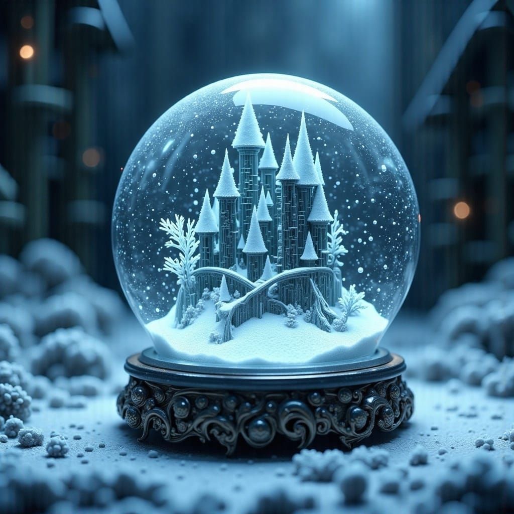 Ornate Snow Globe with Ice Castle and Ghostly Figures