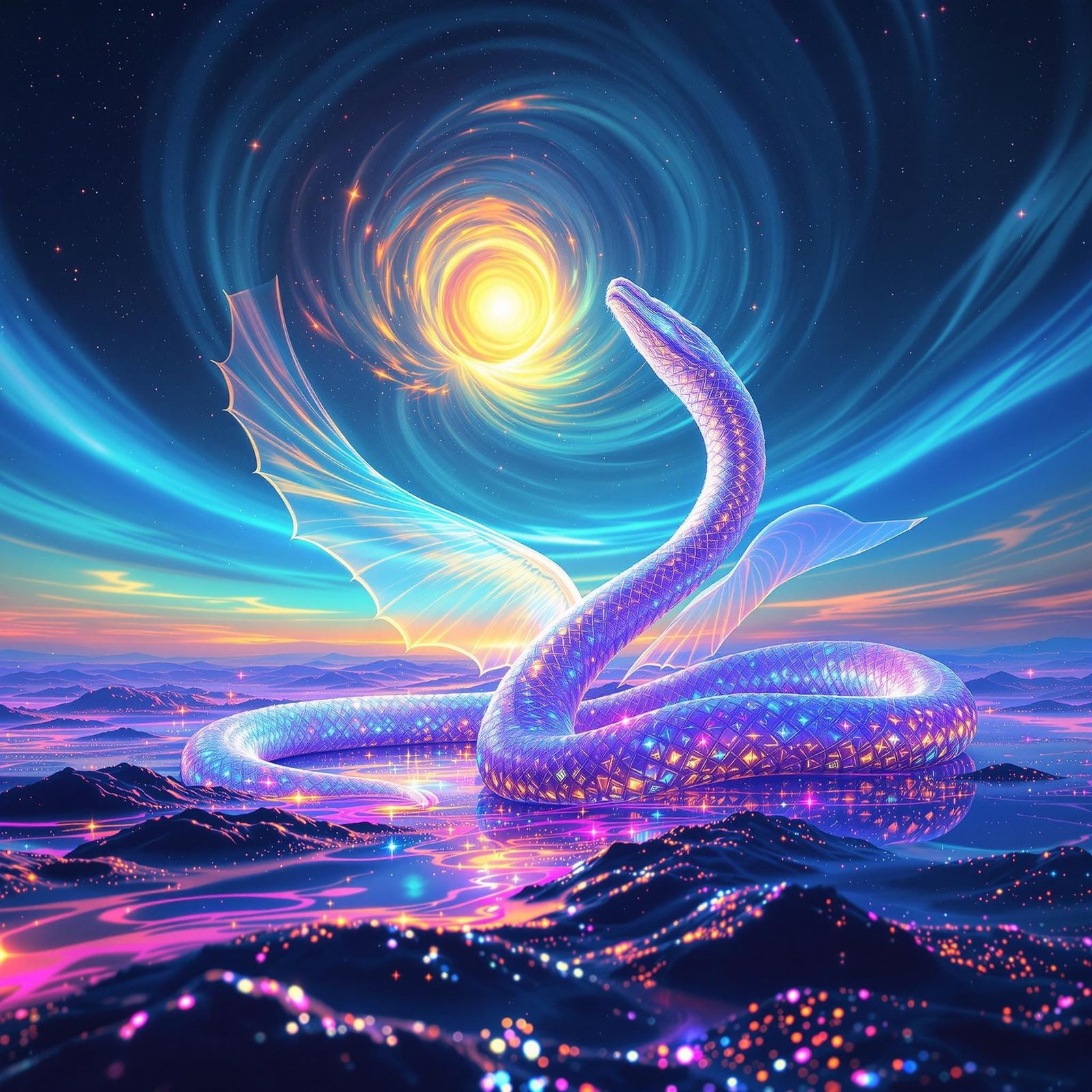 Majestic Anaconda Gaze at Swirling Sun in Neon Hued Landscap...