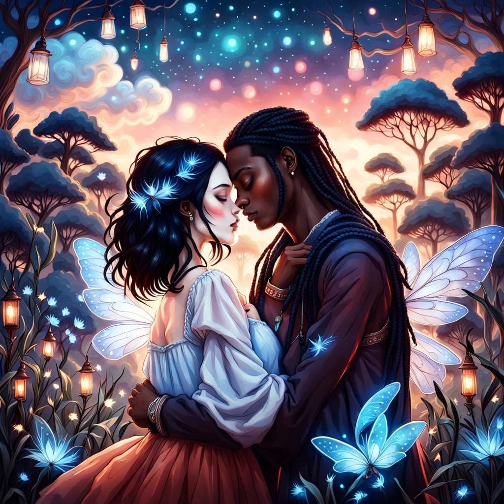Couple Embrace in a Wonderland Dreamscape