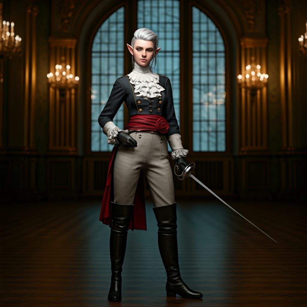 Elegant Teenage Elf Fencer in Military Fashion