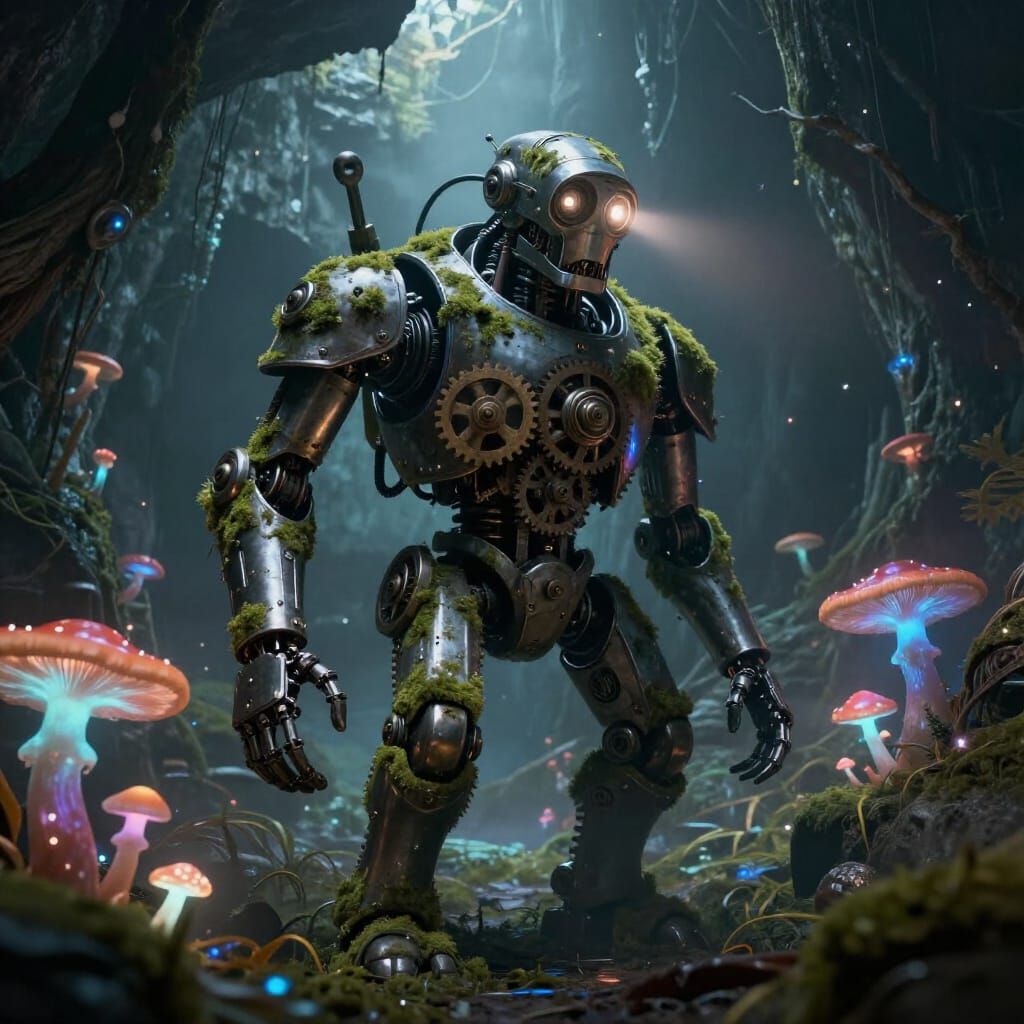 Mossy Automaton Guards Luminous Fungi Grove