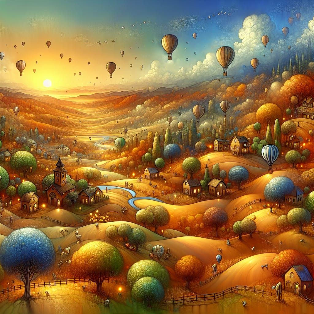 Fantasy Landscape with Hot Air Balloons in Art Brut Style