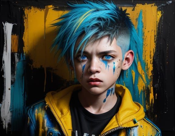 Grunge Boy with Electric Eyes in Oil Painting