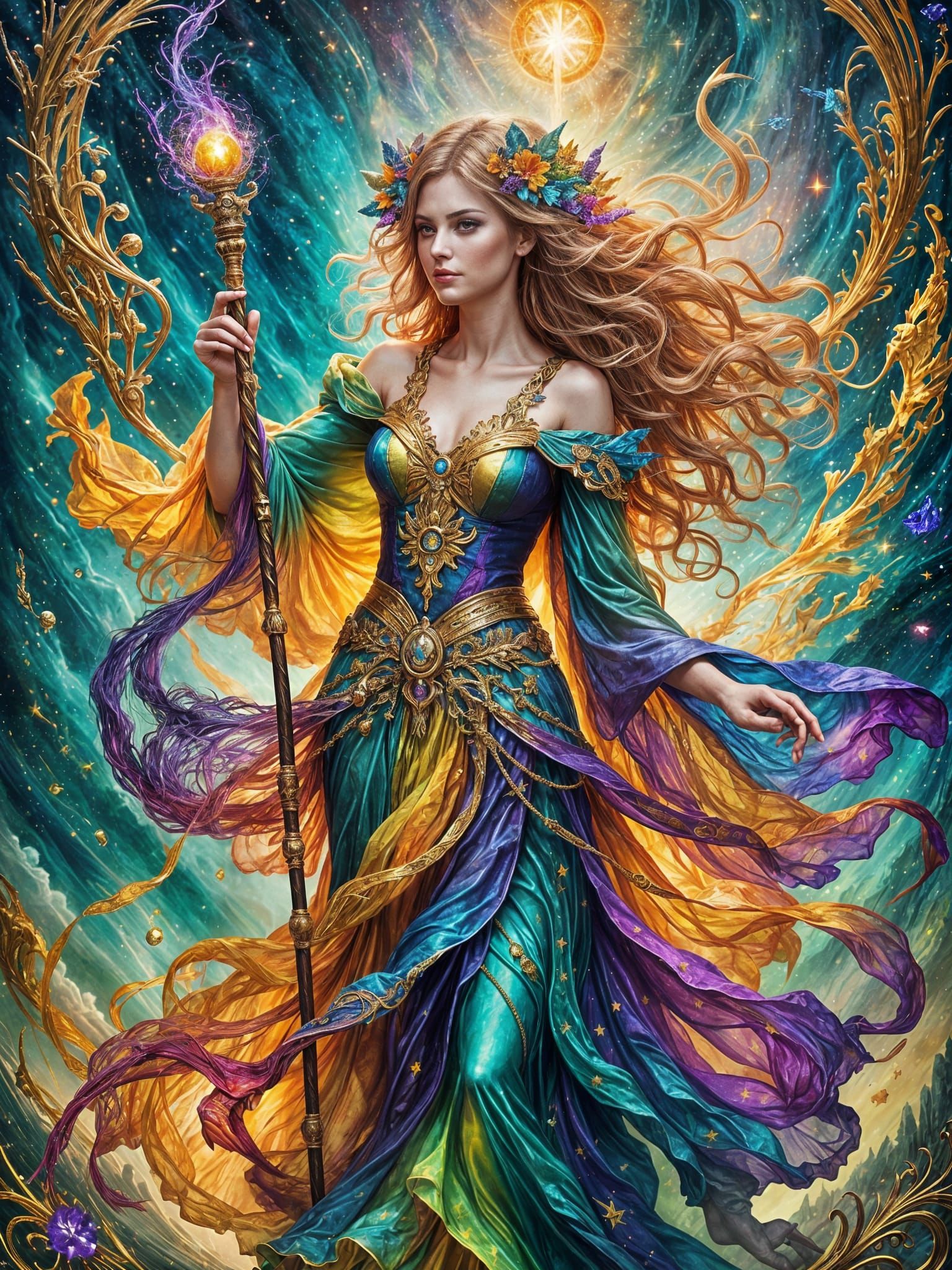 Vibrant Fantasy Sorceress Wields Magic for Good