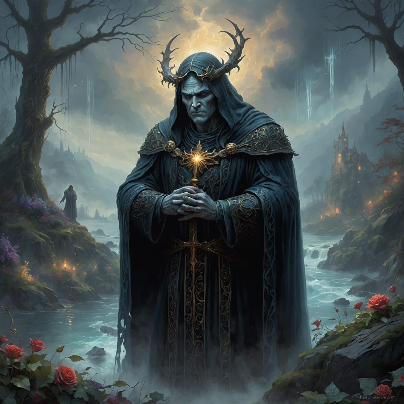 Mourning God in Ethereal Fantasy Landscape
