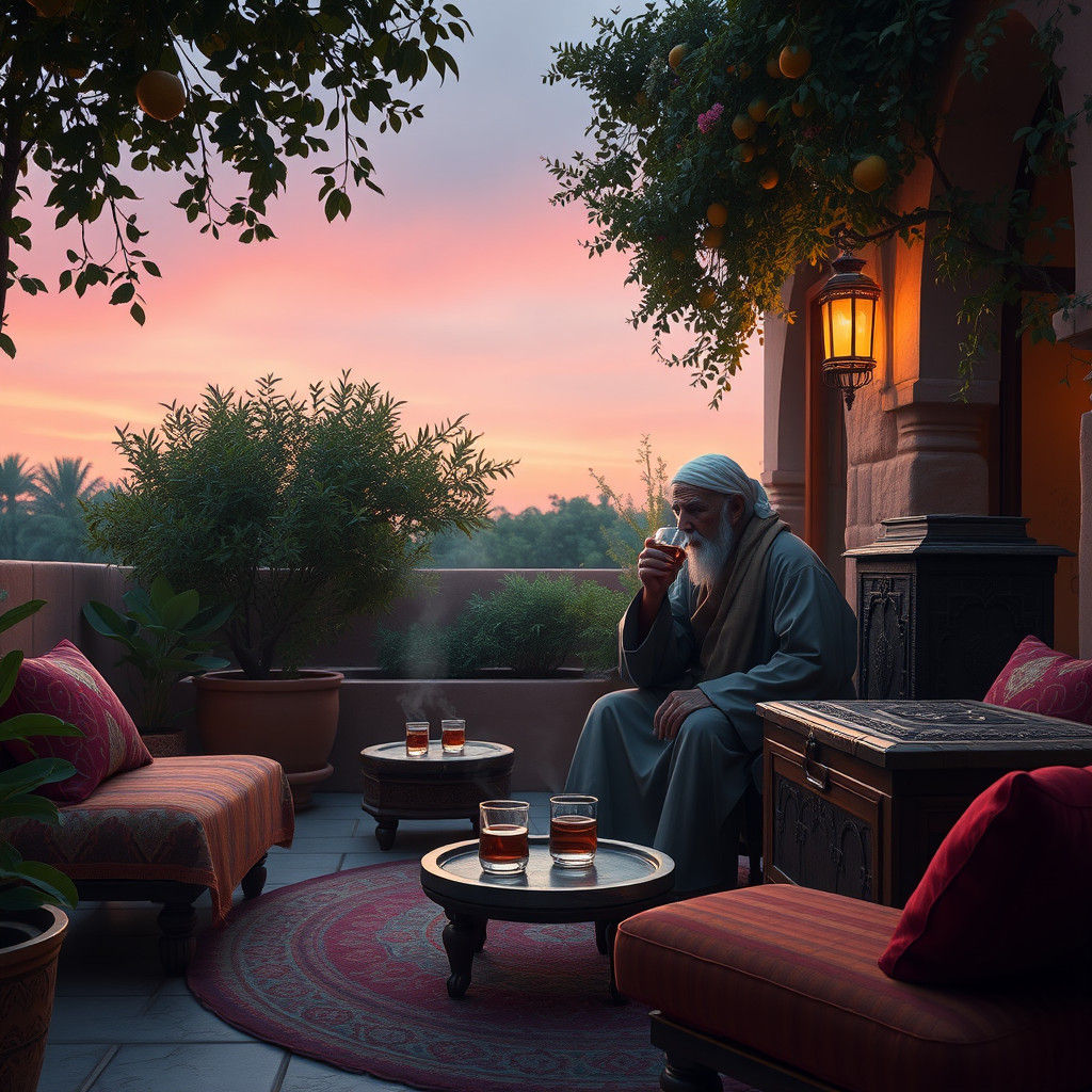 Serene Moroccan Twilight Courtyard with Tea