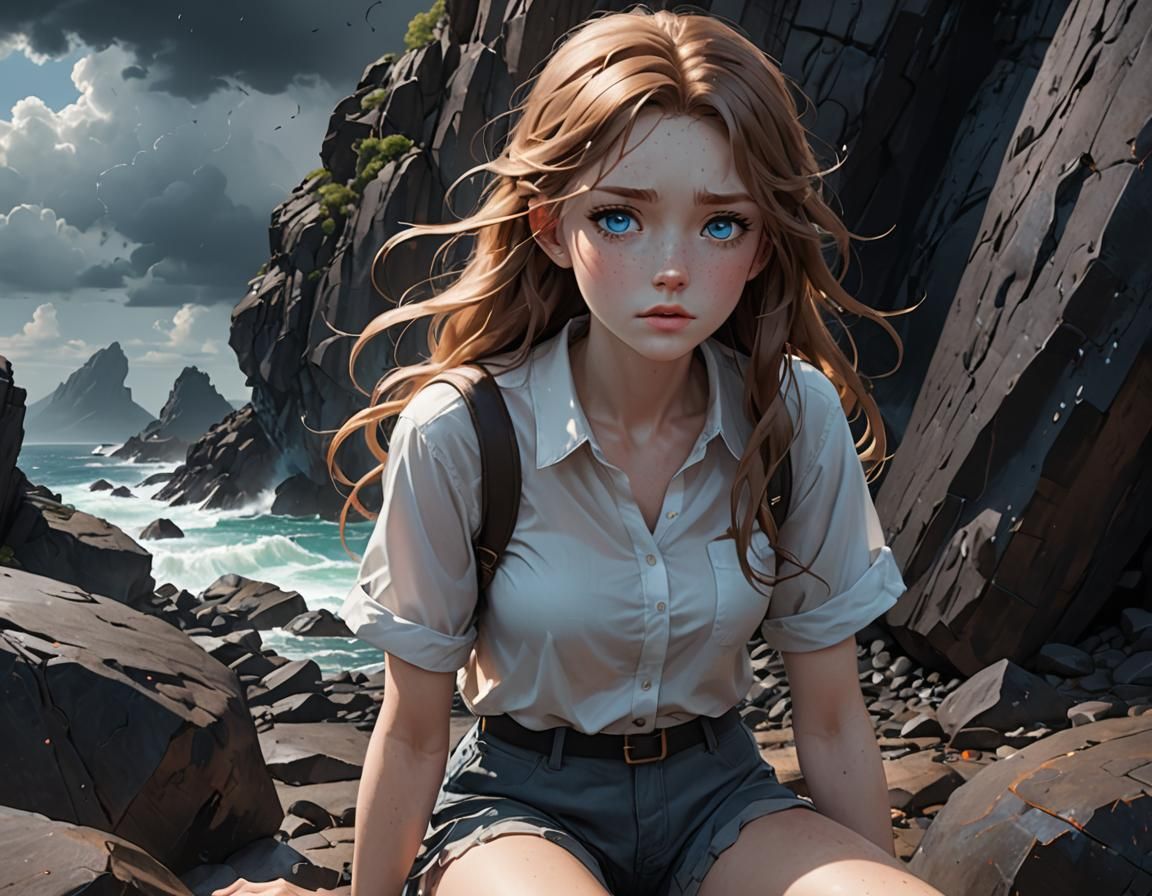 Anime Girl Sheltering from Storm on Basalt Island