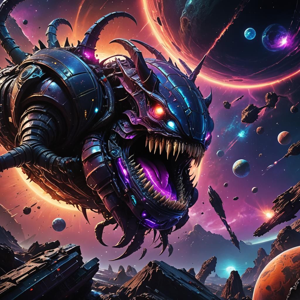 Colossal Armored Worm Devouring Planets in Deep Space