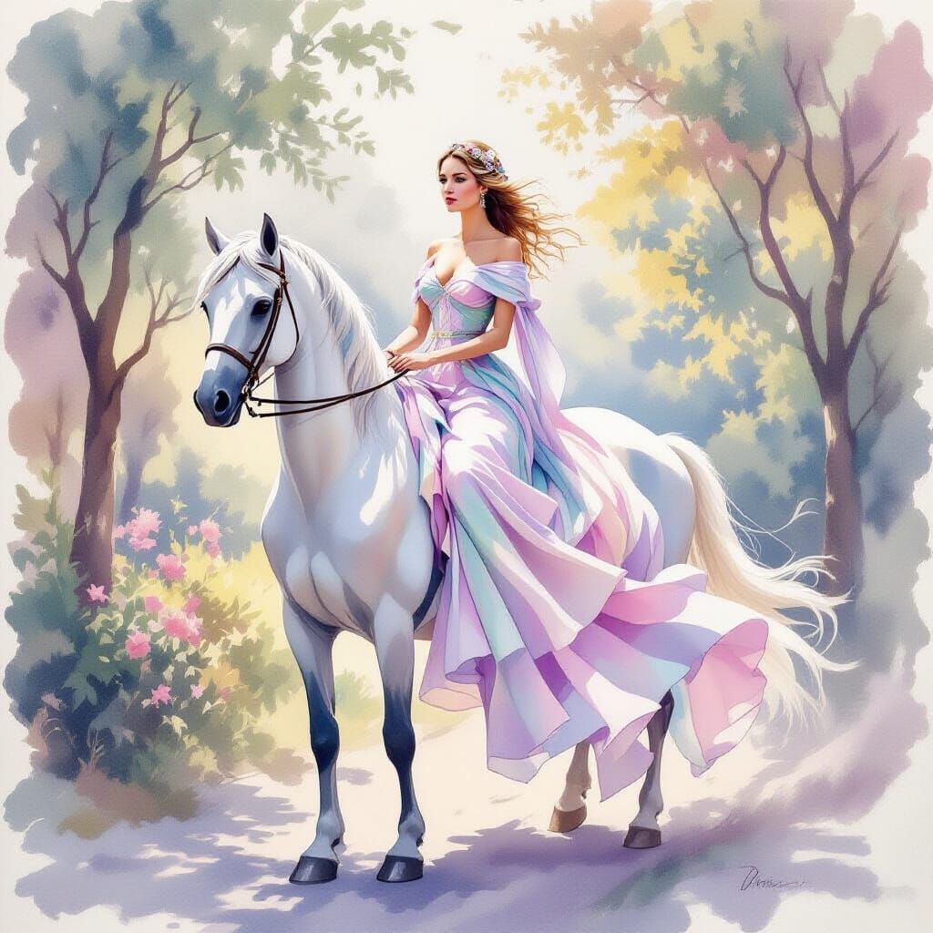 Equestrian Woman in Pastel Silk, Watercolor Style