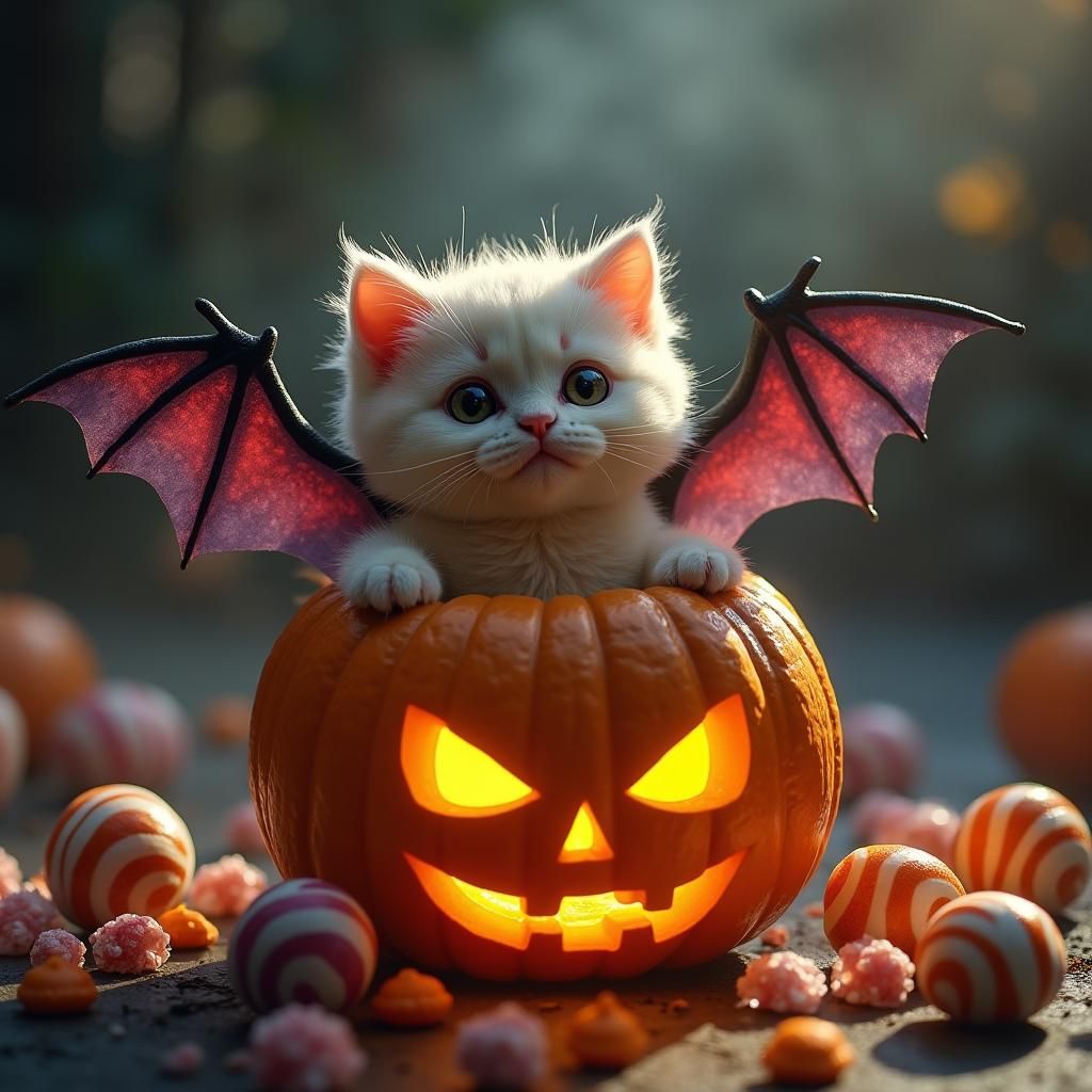 Kawaii Halloween Cat in Pumpkin, Cinematic Illustration
