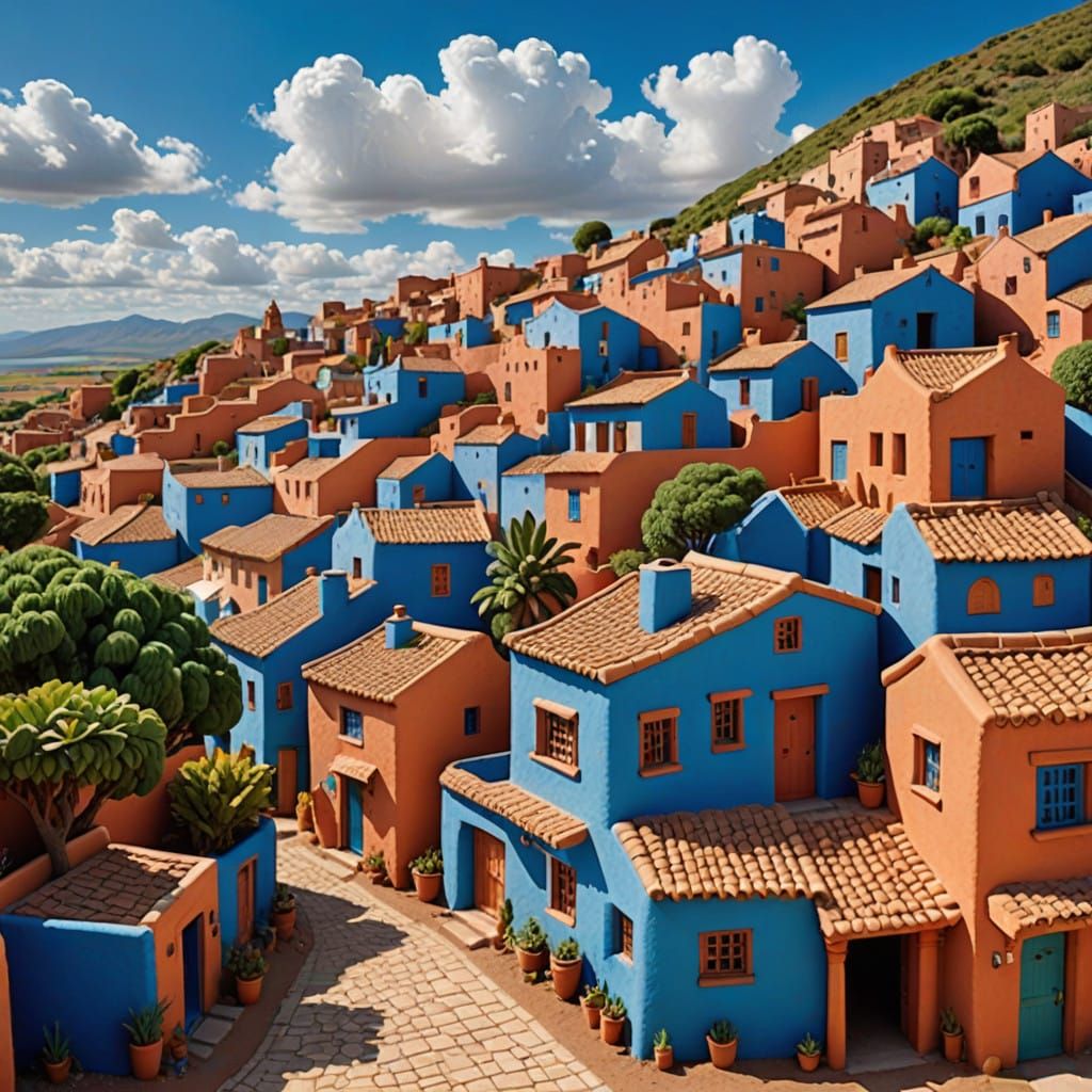 Earthen Village Scene in Art Deco Style