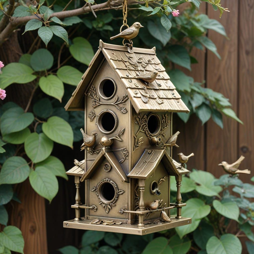 Ornate Brass Birdhouse with Birdlife