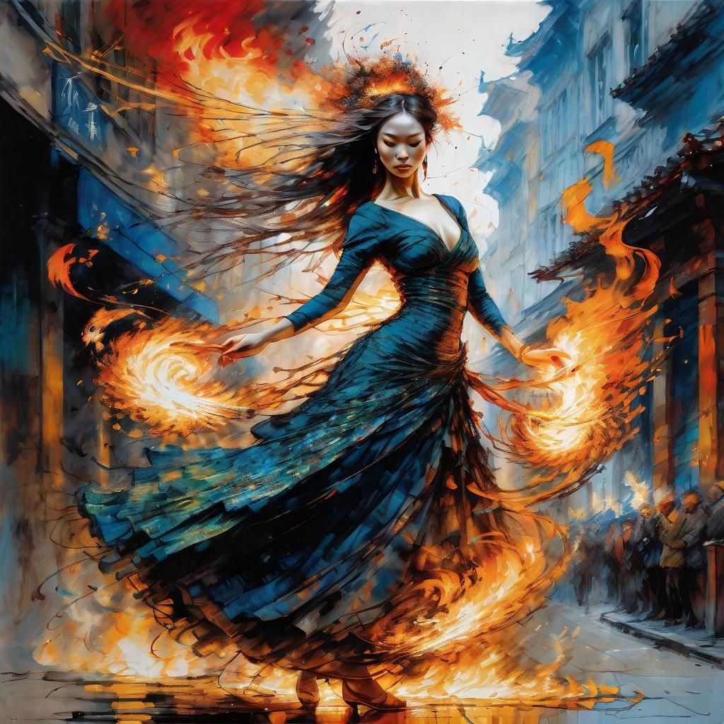 Fiery Dancer in a Swirling Flame Dress