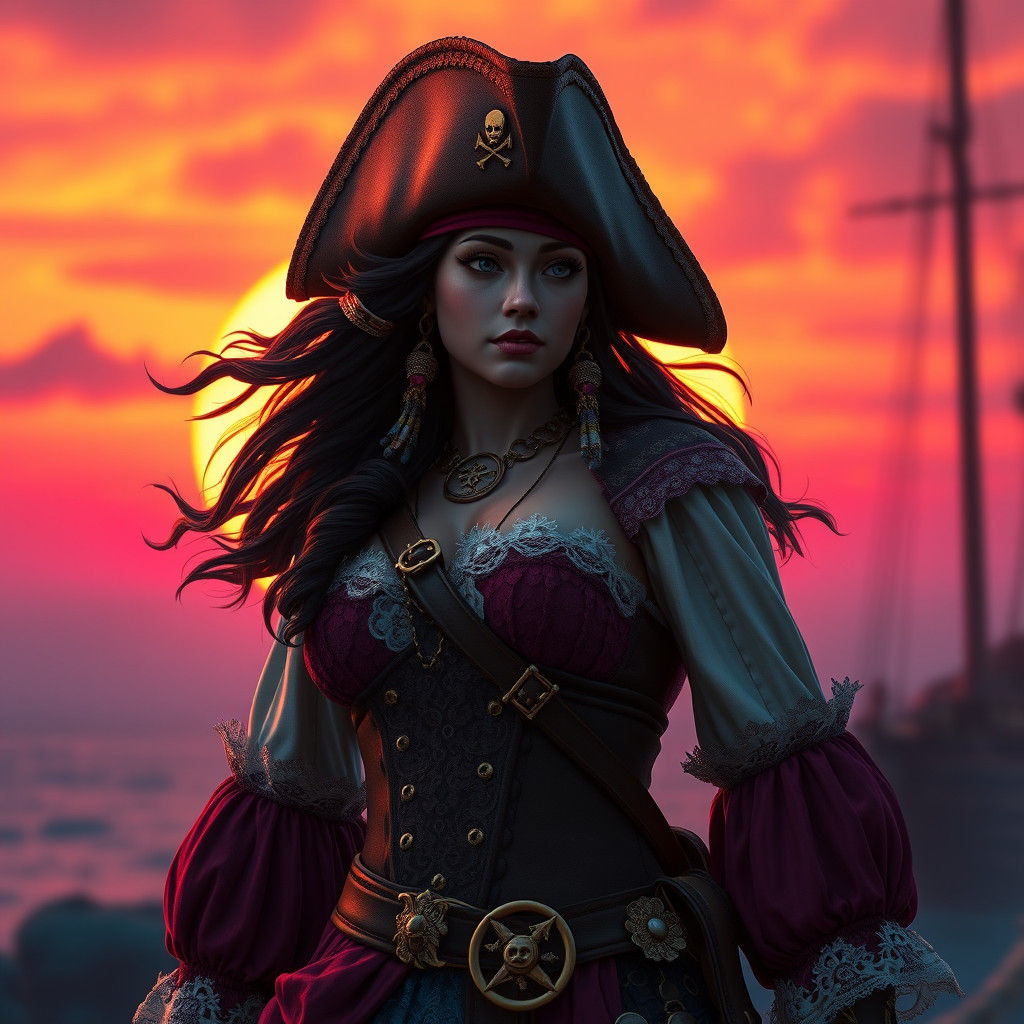 Pirate Princess Silhouette Against Vibrant Sunset