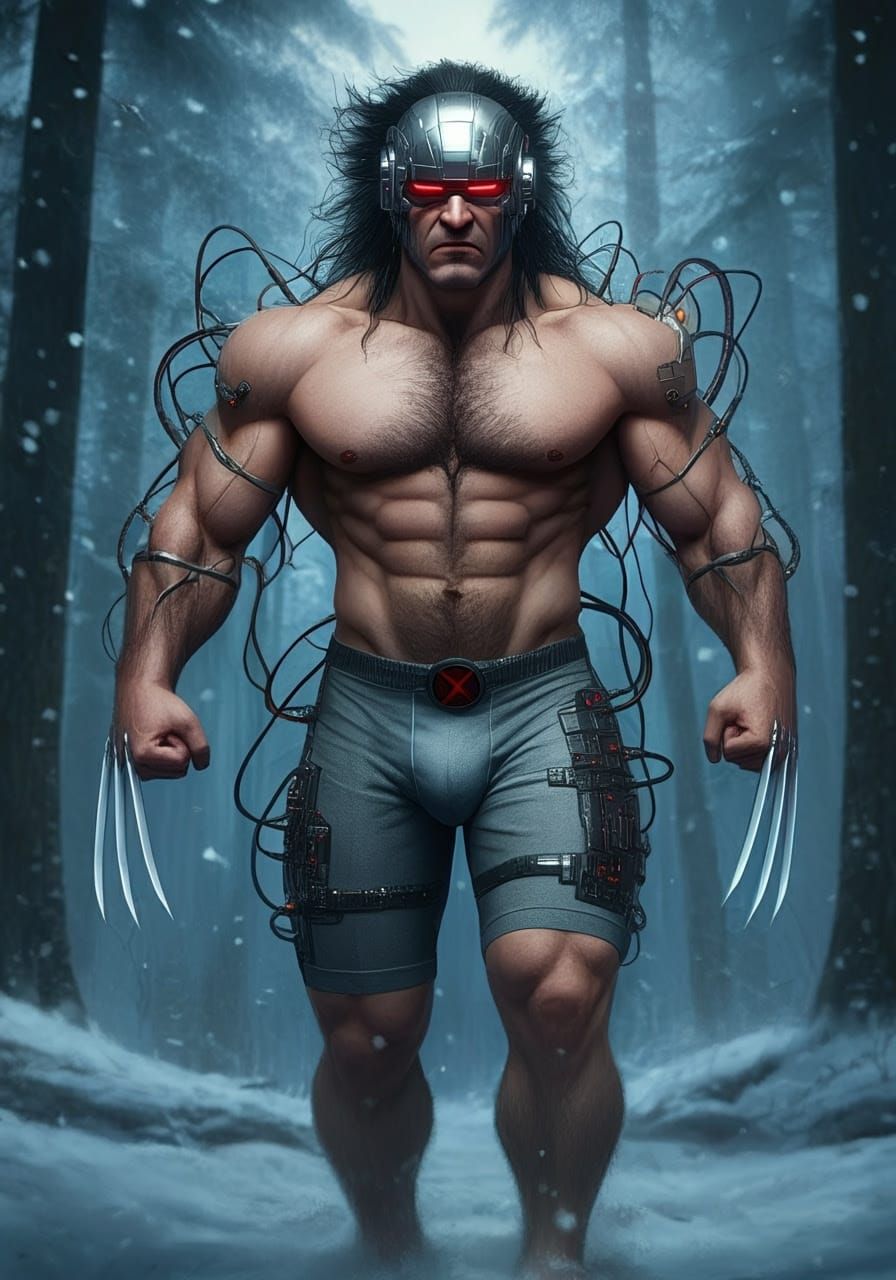 Cybernetic Superhero Stalks through a Blizzard Forest