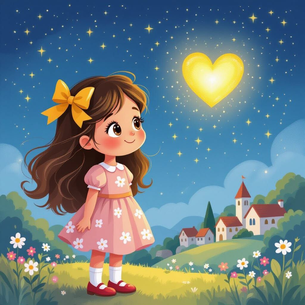 Girl Gazing at Glowing Heart Under Starry Sky