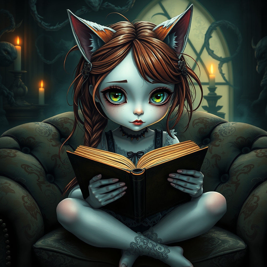 Ethereal Girl with Cat Ears Reads Ancient Tome