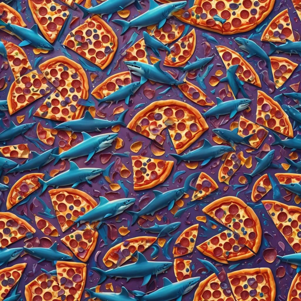 Pizza Sharks Pursue Cheese Fish: Surreal Underwater Scene