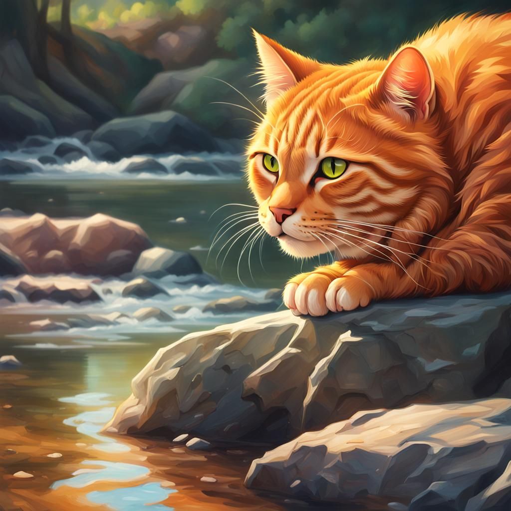 Orange Cat Smiling in Clear River: Hyperrealistic Art