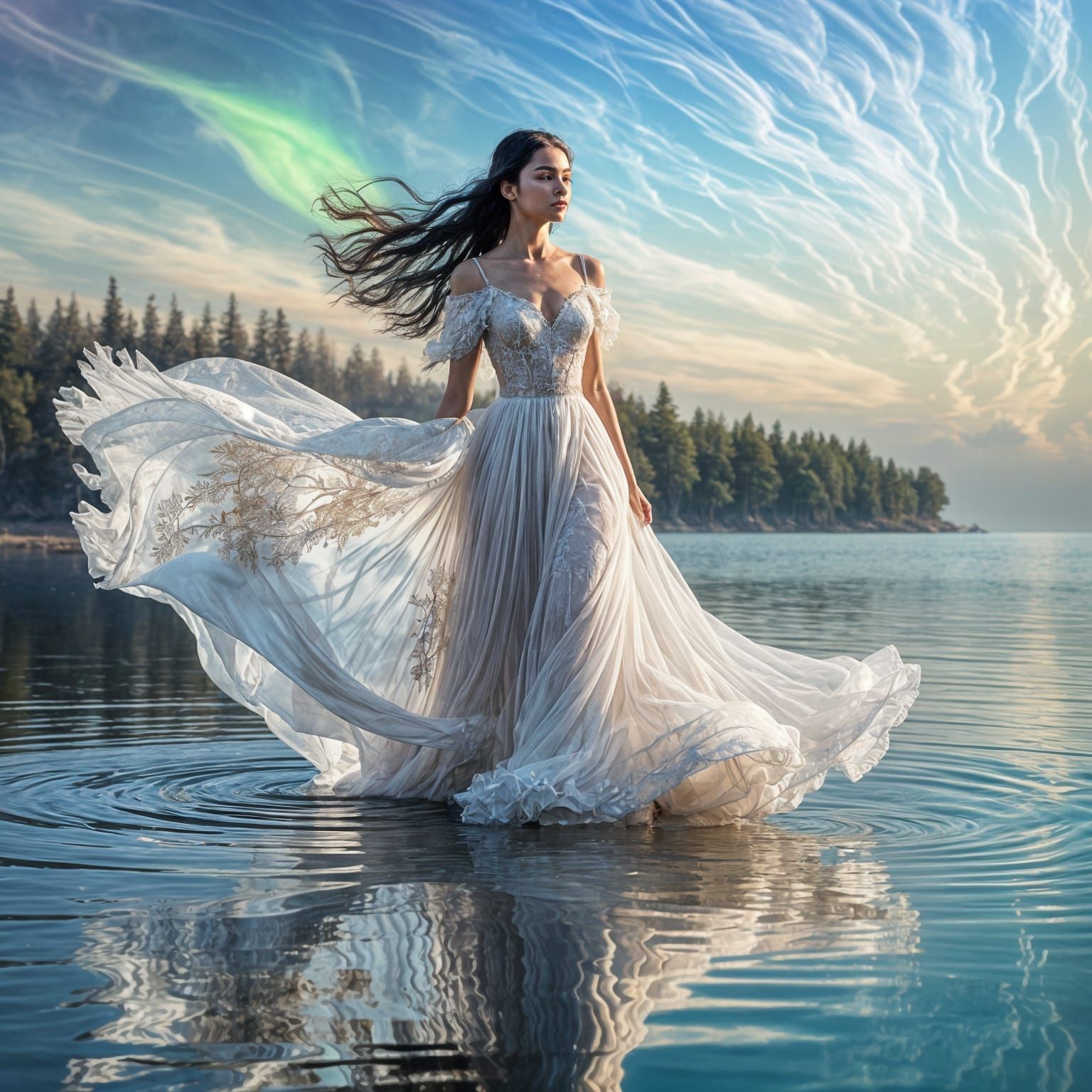 Swan Princess on Crystalline Sea with Aurora Borealis