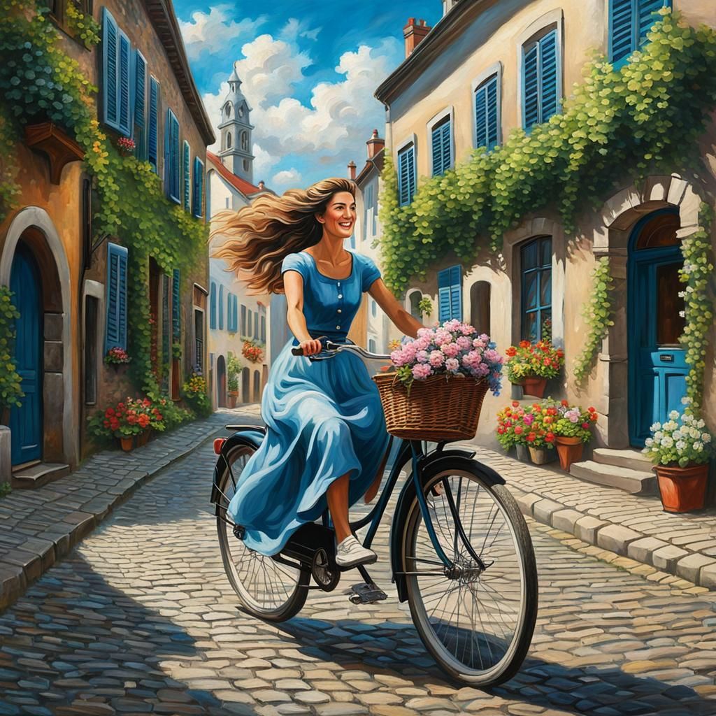 Woman Rides Bicycle Through Town as Oil Painting