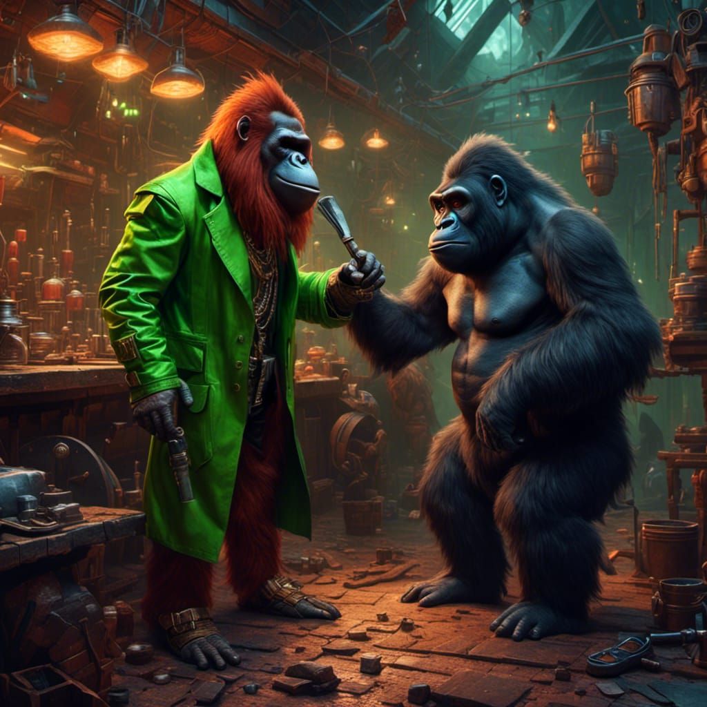 Orangutan Doctor Visits Gorilla Blacksmith in Sci-Fi Style
