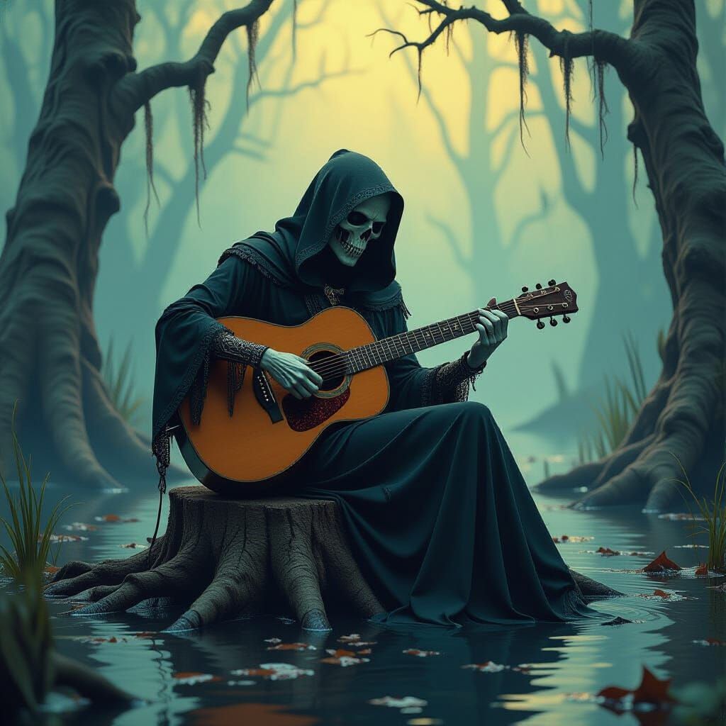 Death Plays Guitar in Ethereal Swamp Scene