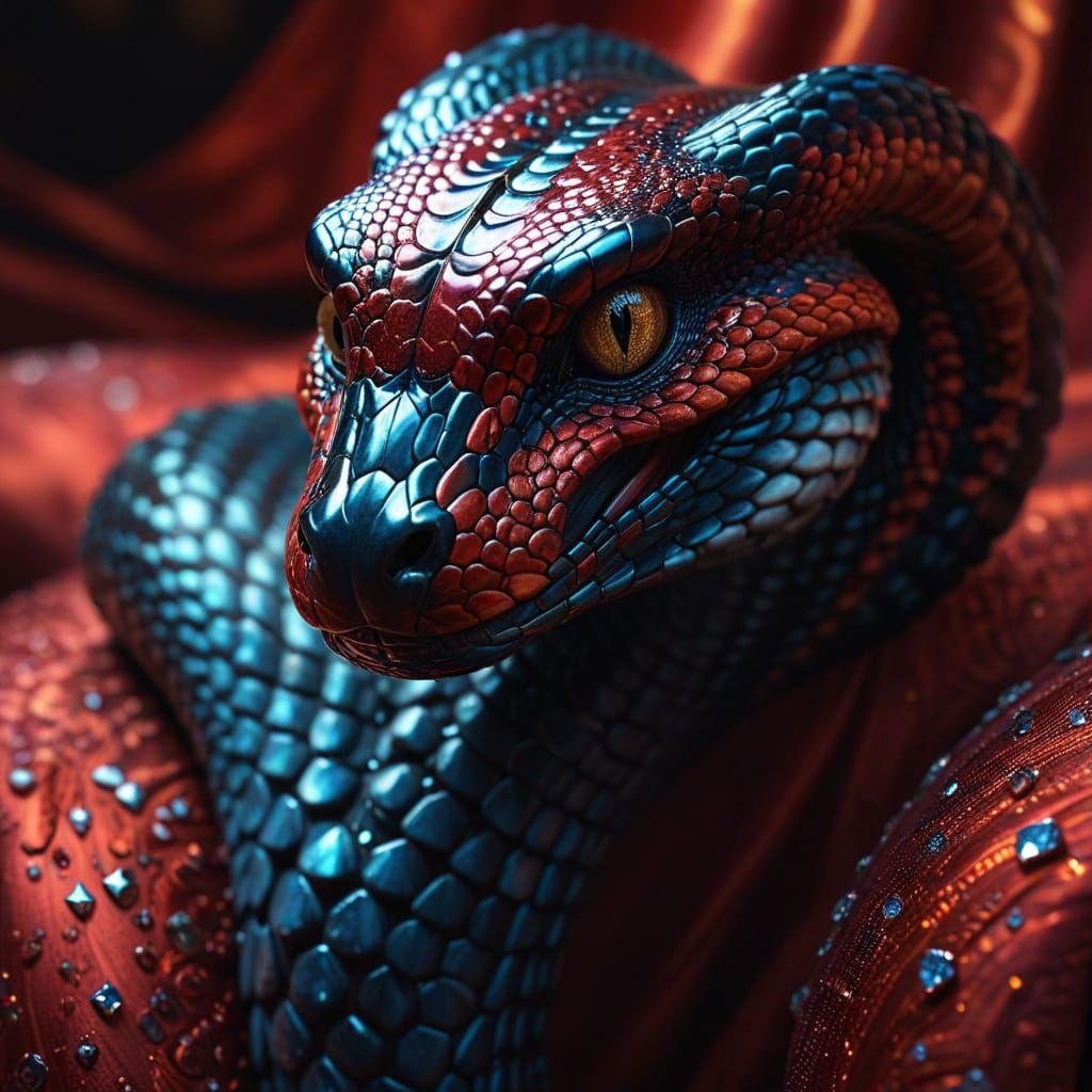 Majestic Cobra Close-Up on Crimson Silk in Oil Painting Styl...