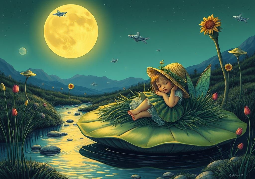 Sleeping Fairy in Moonlit Stream: Moebius-Style Illustration