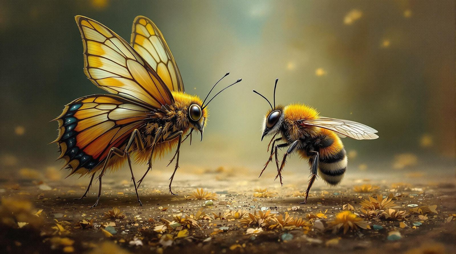 Confused Butterfly and Bumble Bee: Surreal Mixed-Media Art