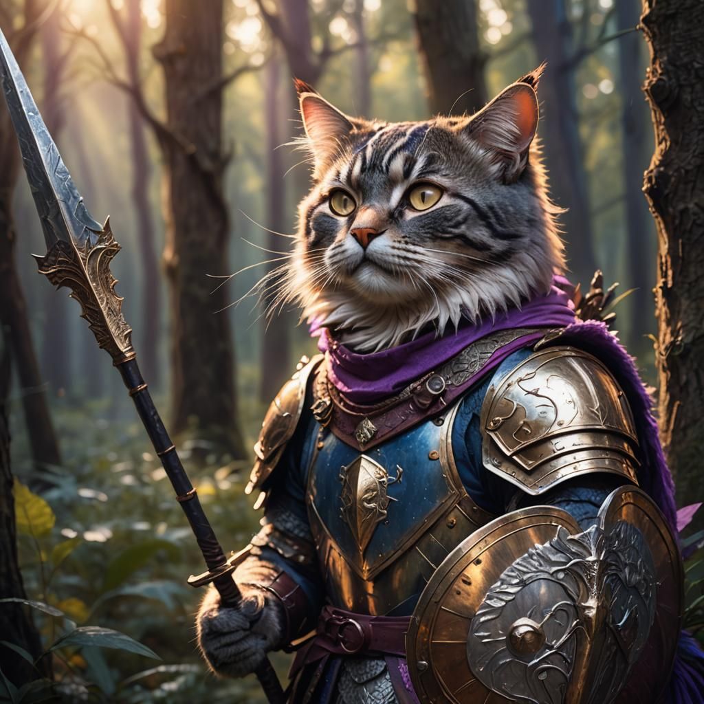 Cute Cat Warrior in Mystical Forest Concept Art