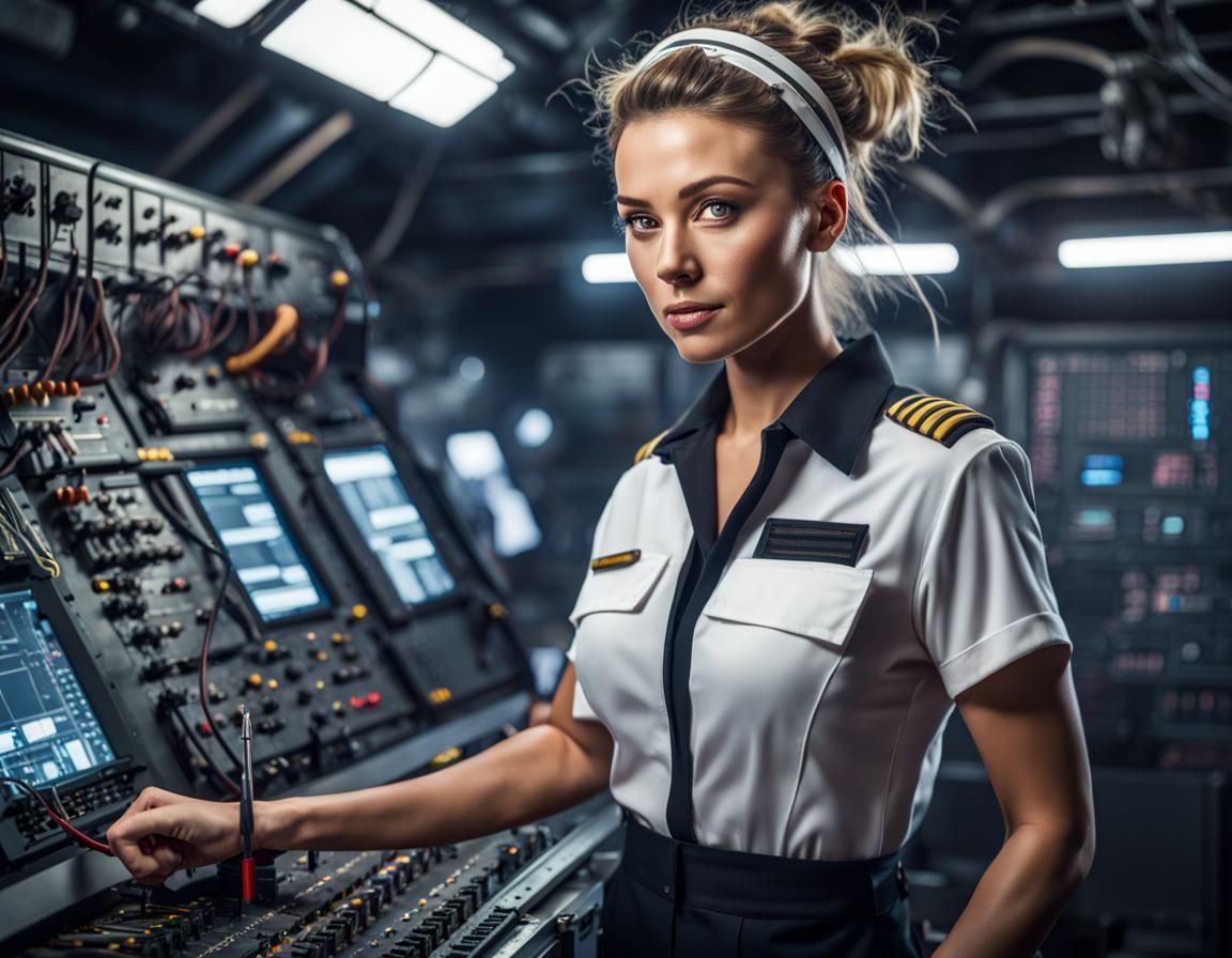 Engineer on Starship Bridge Working on Panel