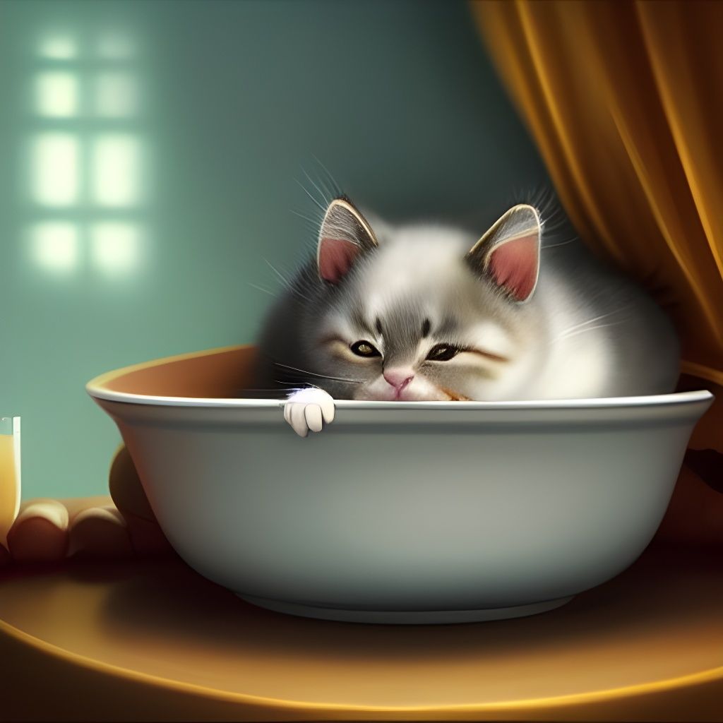 Content Kitten Sleeping in Milk Bowl